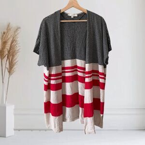 LOFT Striped Linen Dolman Short Sleeve Open Front Cardigan Size L Colorblock